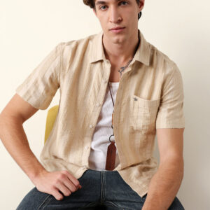 beige vertical stripe dobby woven regular fit casual shirt