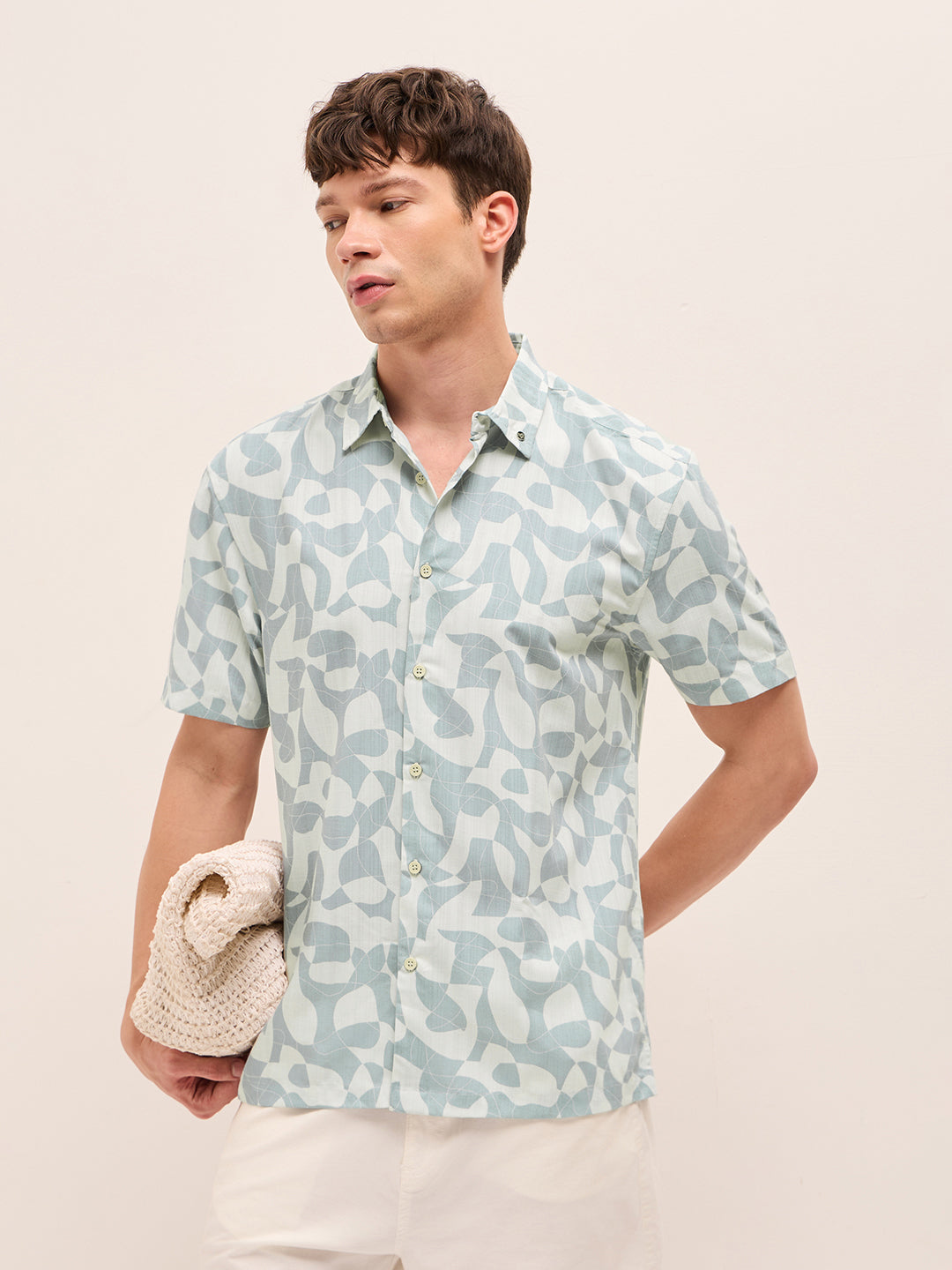 blue relax fit casual shirt with abstract geometric print blue relax fit casual shirt with abstract geometric print