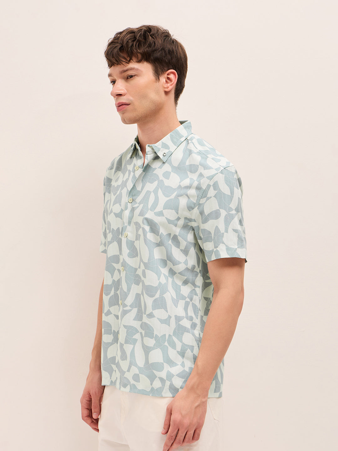 blue relax fit casual shirt with abstract geometric print blue relax fit casual shirt with abstract geometric print
