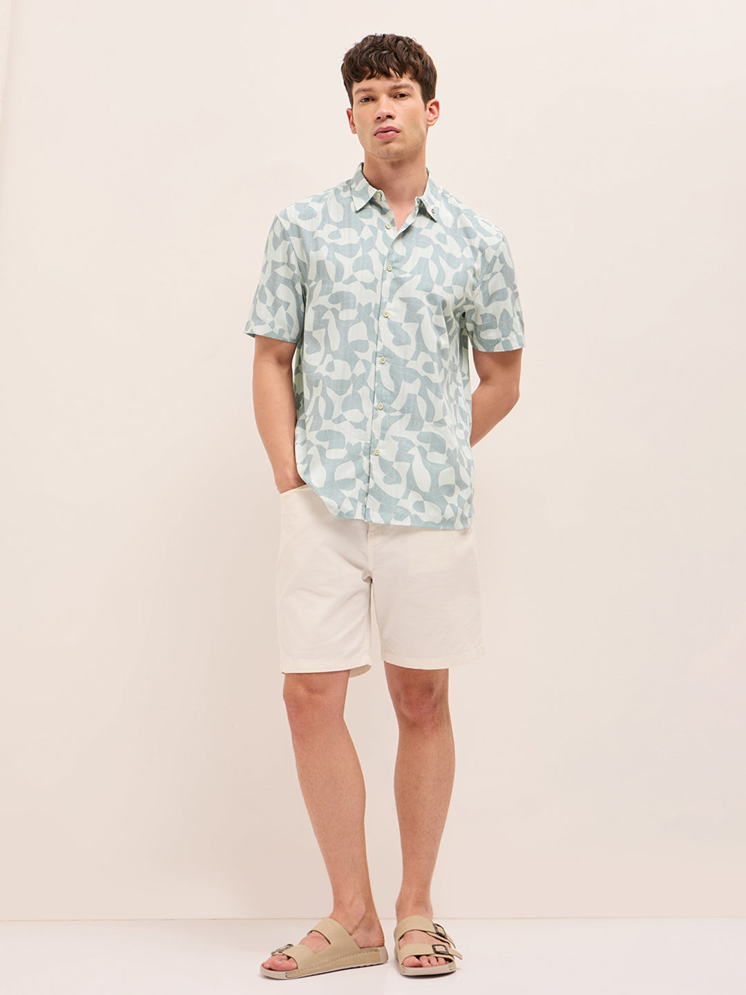 blue relax fit casual shirt with abstract geometric print blue relax fit casual shirt with abstract geometric print