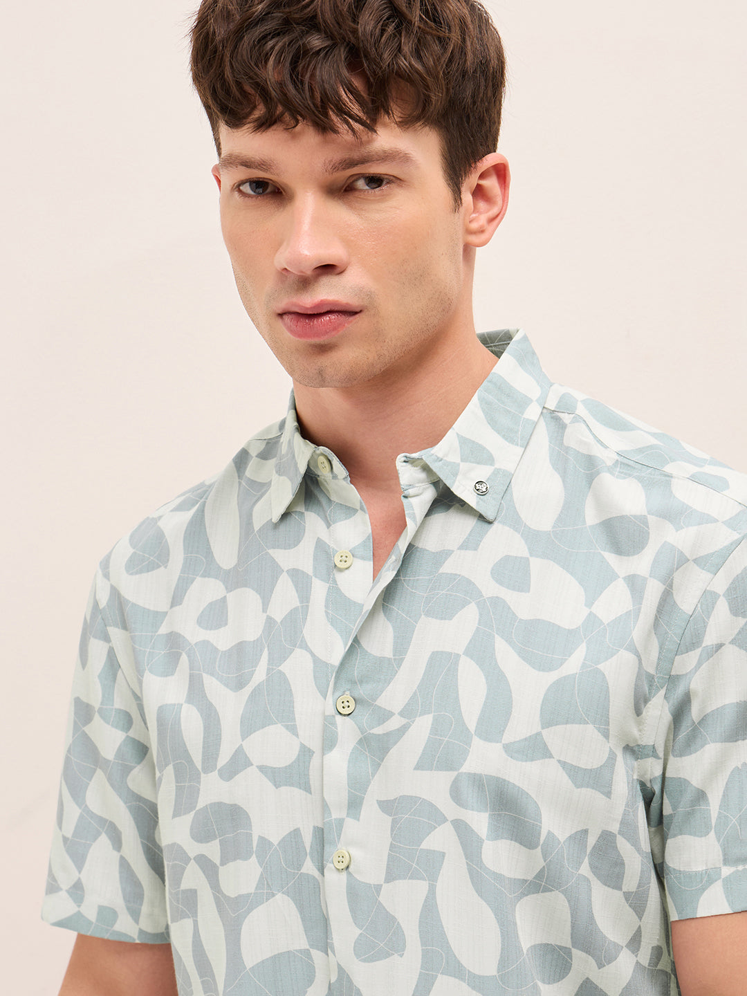 blue relax fit casual shirt with abstract geometric print blue relax fit casual shirt with abstract geometric print