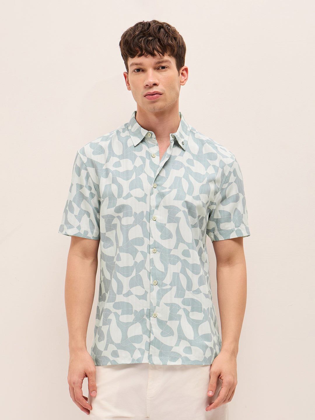 blue relax fit casual shirt with abstract geometric print blue relax fit casual shirt with abstract geometric print