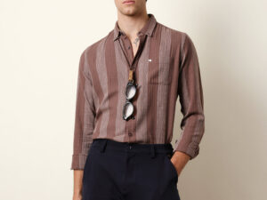 brown woven vertical stripes slim fit casual shirt