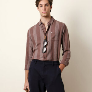 brown woven vertical stripes slim fit casual shirt