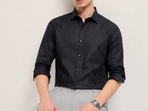 black woven design tailored fit formal shirt