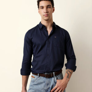navy solid slim fit casual shirt with button down collar