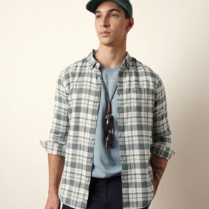 green woven tartan checked slim fit casual shirt
