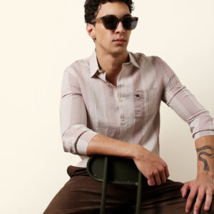 pink vertical woven stripe slim fit casual shirt
