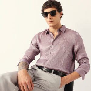 light purple regular fit casual shirt with crinkle effect & subtle sheen finish