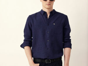 blue slim fit casual shirt with woven textured design