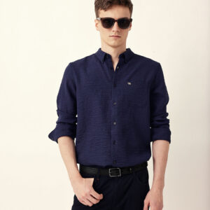 blue slim fit casual shirt with woven textured design