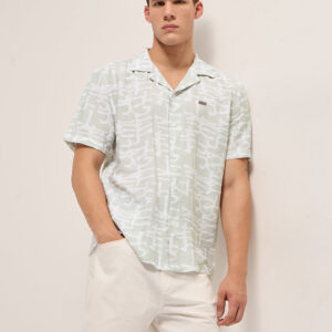 light green abstract brush stroke print relaxed fit cuban collar shirt