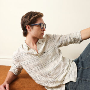 cream horizontal crinkle stripe regular fit casual shirt