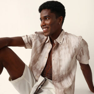 beige & cream relaxed fit casual shirt with vertical brushstroke print