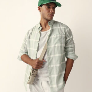light green woven windowpane check slim fit casual shirt