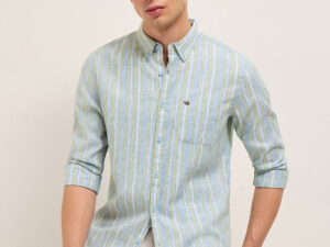 blue & green slim fit vertical striped cotton casual shirt