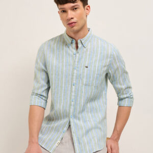blue & green slim fit vertical striped cotton casual shirt