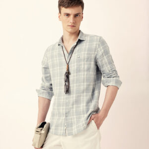 light blue woven checkered slim fit casual shirt