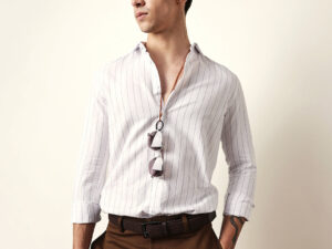 white vertical woven stripe slim fit casual shirt