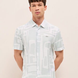 white & blue relaxed fit abstract stroke print half sleeve casual shirt
