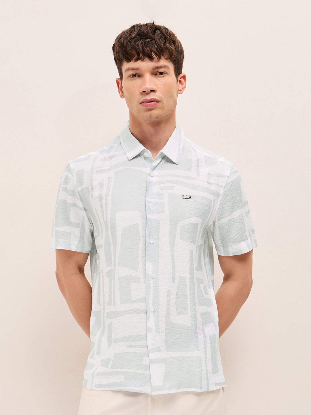 white & blue relaxed fit abstract stroke print half sleeve casual shirt white & blue relaxed fit abstract stroke print half sleeve casual shirt