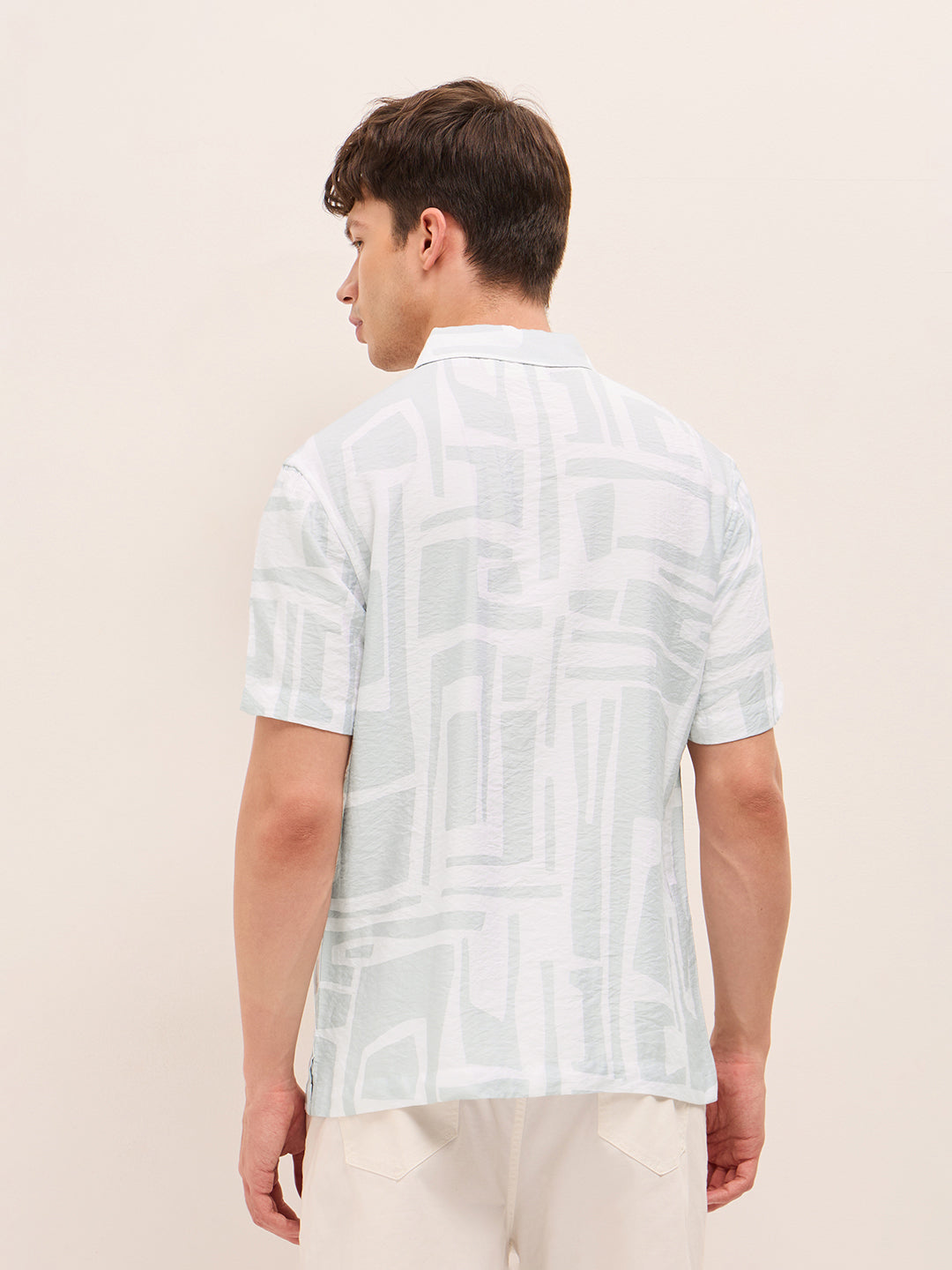 white & blue relaxed fit abstract stroke print half sleeve casual shirt white & blue relaxed fit abstract stroke print half sleeve casual shirt