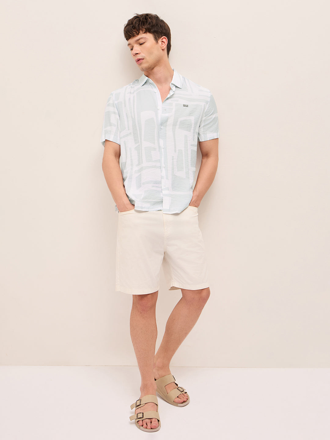 white & blue relaxed fit abstract stroke print half sleeve casual shirt white & blue relaxed fit abstract stroke print half sleeve casual shirt
