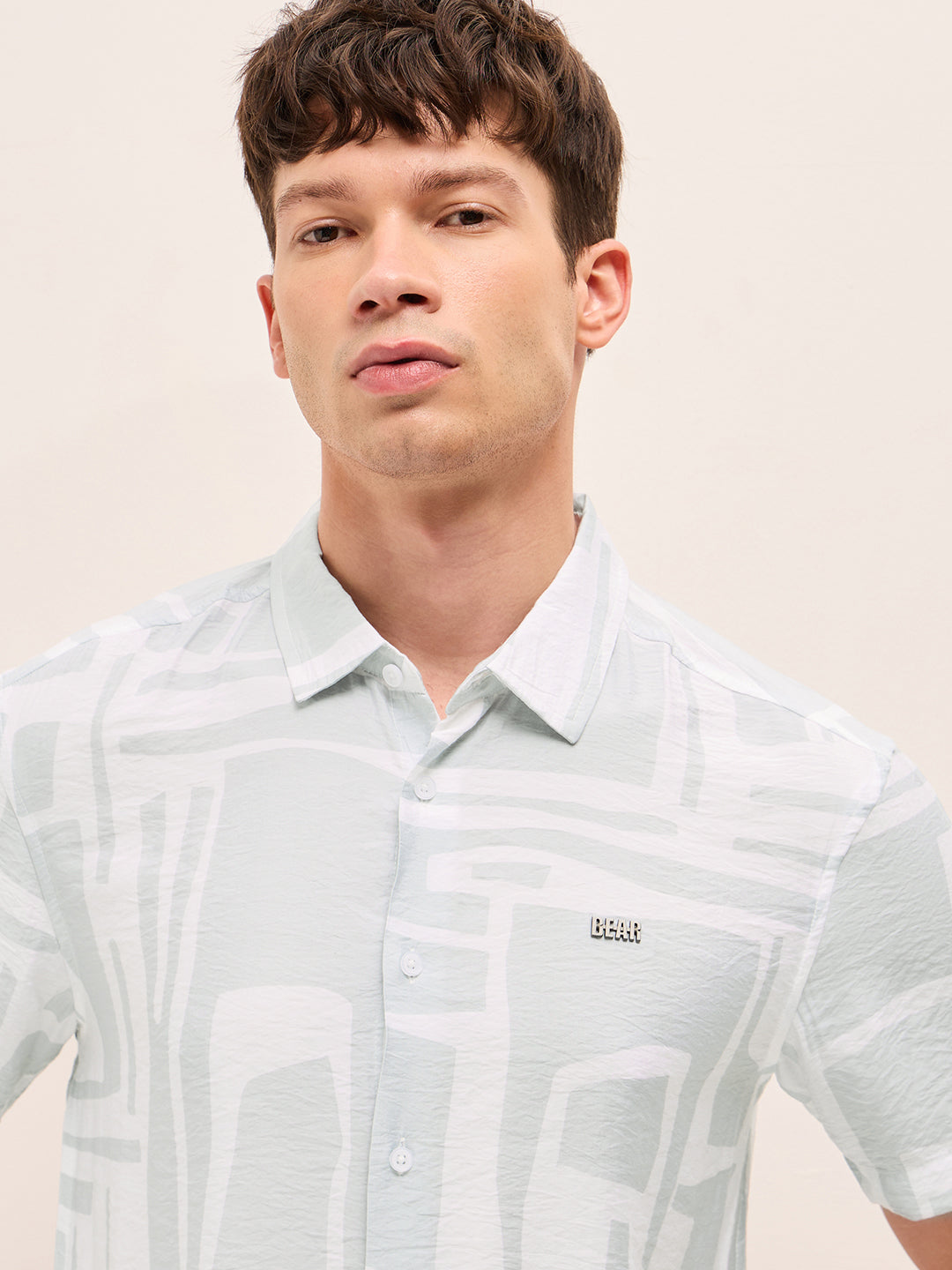 white & blue relaxed fit abstract stroke print half sleeve casual shirt white & blue relaxed fit abstract stroke print half sleeve casual shirt