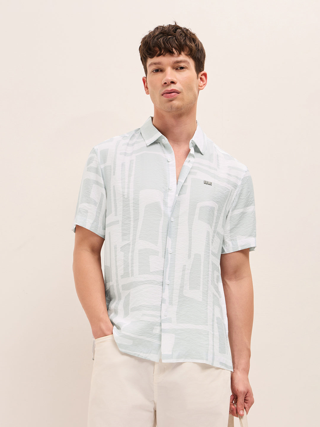 white & blue relaxed fit abstract stroke print half sleeve casual shirt white & blue relaxed fit abstract stroke print half sleeve casual shirt