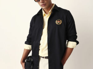 black tailored fit crest emblem embroidered formal party wear shirt