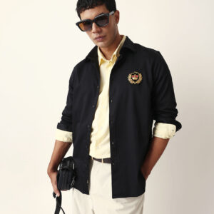 black tailored fit crest emblem embroidered formal party wear shirt