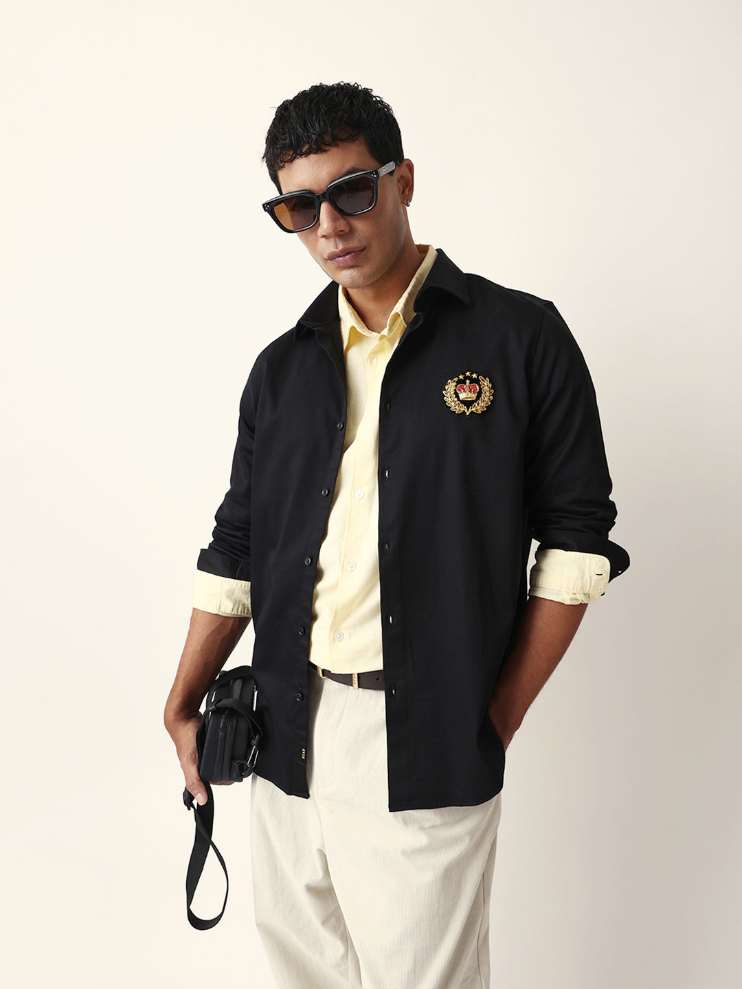 black tailored fit crest emblem embroidered formal party wear shirt black tailored fit crest emblem embroidered formal party wear shirt