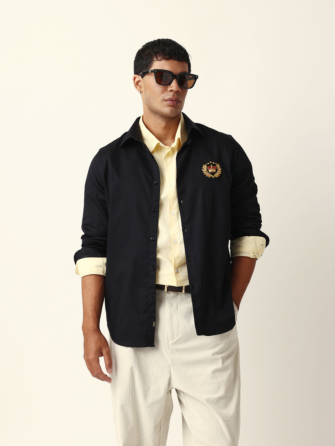 black tailored fit crest emblem embroidered formal party wear shirt black tailored fit crest emblem embroidered formal party wear shirt