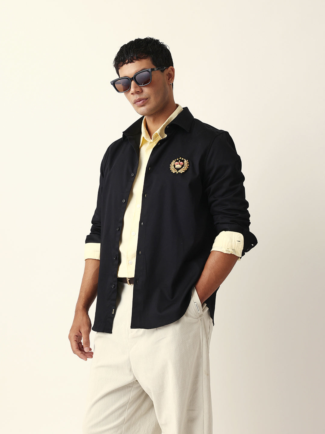 black tailored fit crest emblem embroidered formal party wear shirt black tailored fit crest emblem embroidered formal party wear shirt