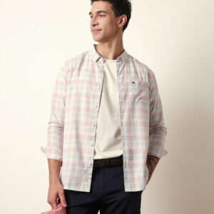 pink with white woven tartan checked slim fit casual shirt