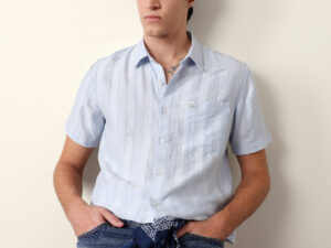 blue vertical stripe dobby woven regular fit casual shirt