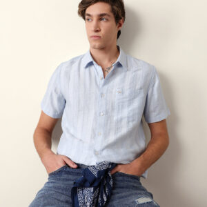 blue vertical stripe dobby woven regular fit casual shirt