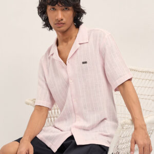 light pink vertical textured stripe relaxed fit half sleeve casual shirt
