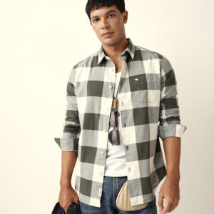 olive with cream woven checks slim fit casual shirt