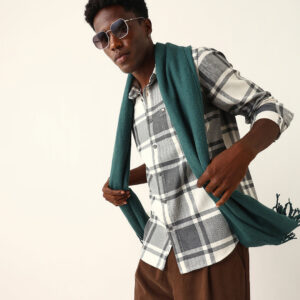 white & grey herringbone flannel checked regular fit casual shirt