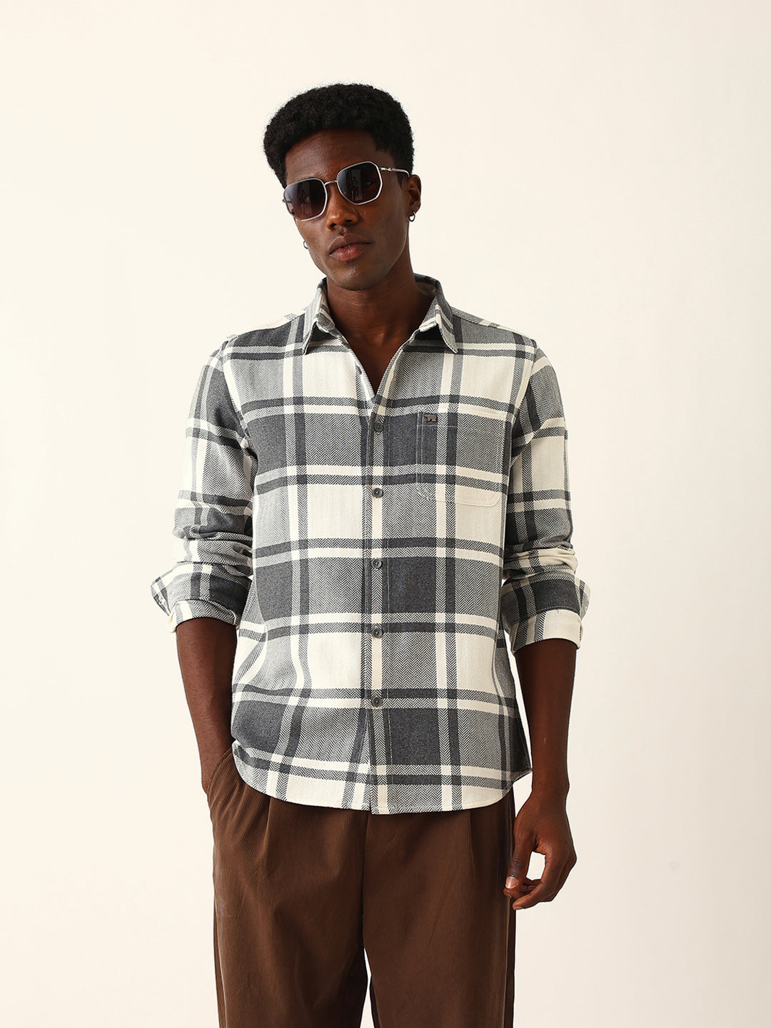 white & grey herringbone flannel checked regular fit casual shirt white & grey herringbone flannel checked regular fit casual shirt