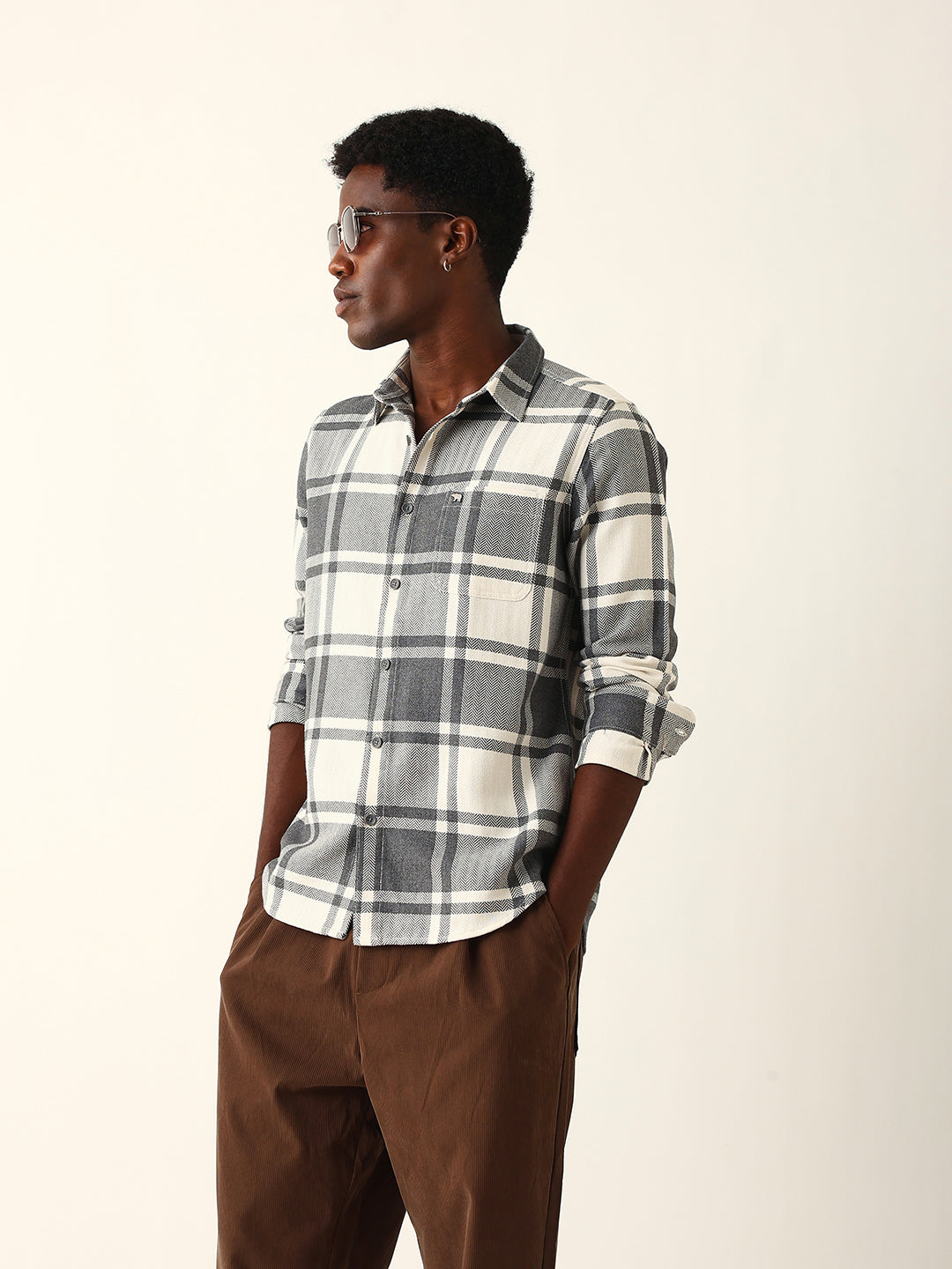 white & grey herringbone flannel checked regular fit casual shirt white & grey herringbone flannel checked regular fit casual shirt