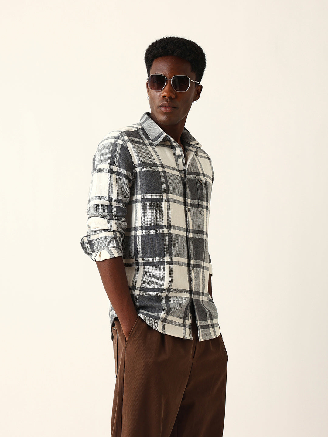 white & grey herringbone flannel checked regular fit casual shirt white & grey herringbone flannel checked regular fit casual shirt