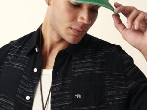black woven patch block check slim fit casual shirt
