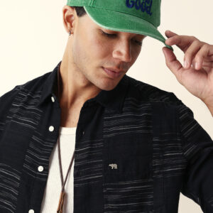 black woven patch block check slim fit casual shirt