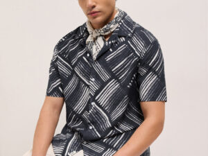 black abstract brushstroke printed relaxed fit cuban collar casual shirt