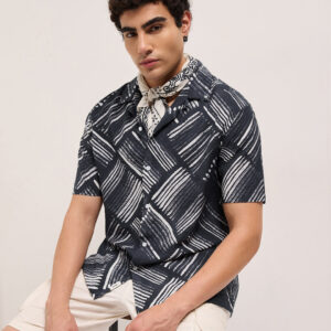 black abstract brushstroke printed relaxed fit cuban collar casual shirt