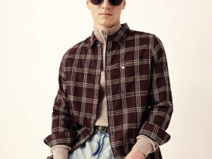 brown regular fit woven checked casual shirt