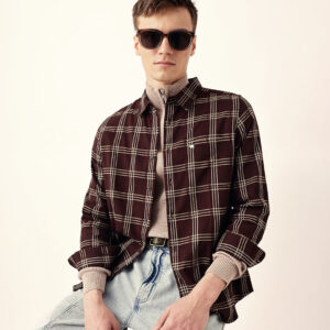 brown regular fit woven checked casual shirt
