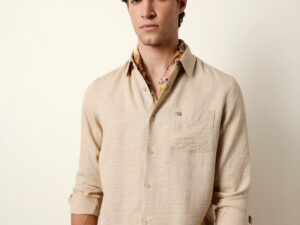 beige woven solid slim fit casual shirt